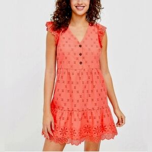 Loft Cotton Eyelet Mini Dress, Orange Coral, Size 10
